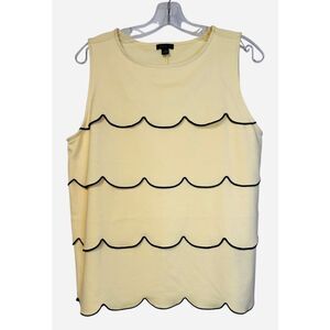 Ann Taylor Sleeveless Scalloped Tier Shirt Butter Yellow W/Navy Piping Sz. M